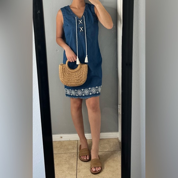 Westport Dresses & Skirts - Chambray denim embroidered tassel vneck lace up shift mini dress S boho casual